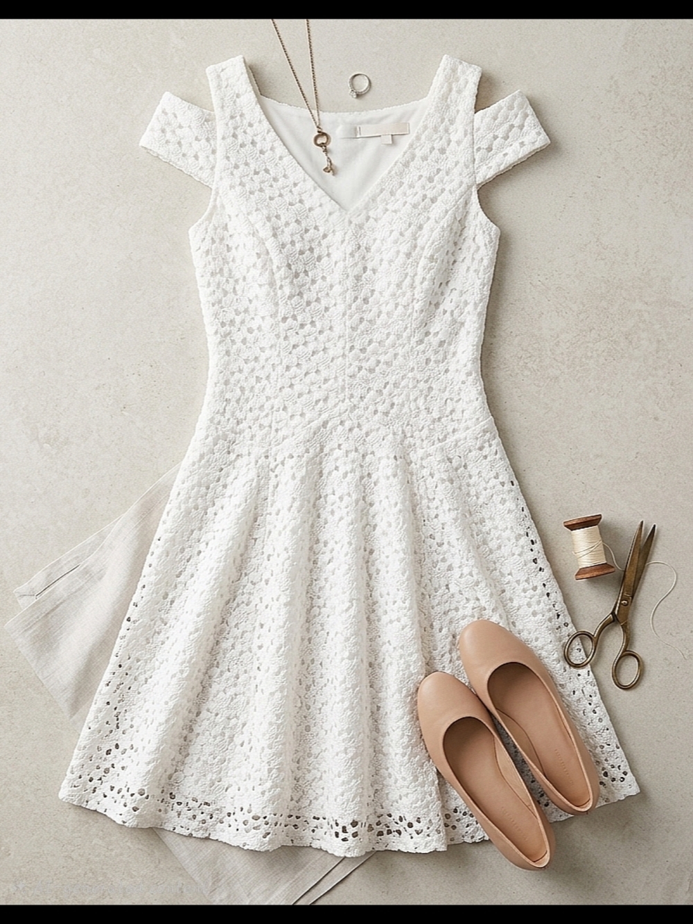 White Lace Embroidered Cut Out Shoulder Fit & Flare Summer Spring Dress Size 6